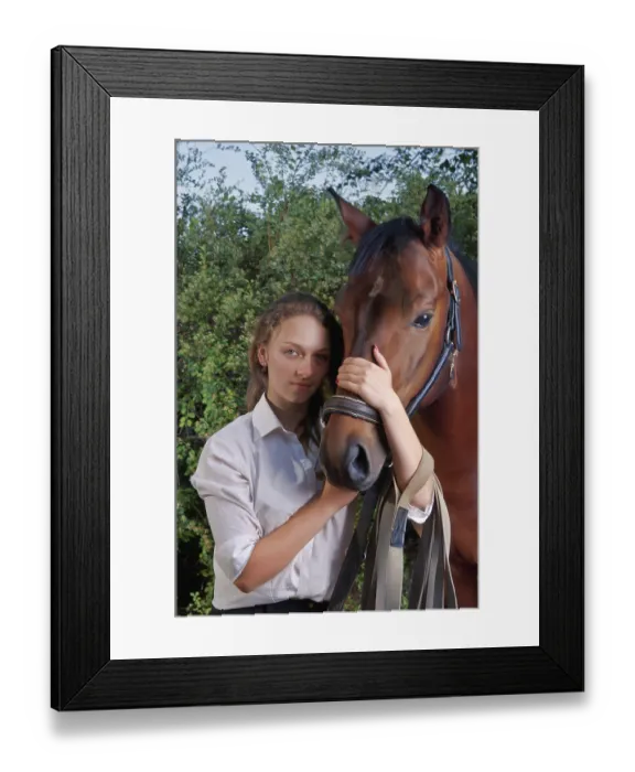 Framed Print : Beautiful girl in a shirt and a horse near the tree Framed Print : Beautiful girl in a shirt and a horse near the tree