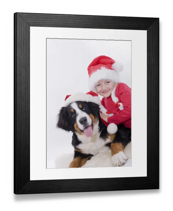 Framed Print : Girl and dog with Christmas hats Framed Print : Girl and dog with Christmas hats