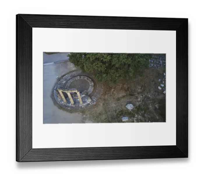 Framed Print : Philippeion, aerial view of ancient column formation and surrounding trees Framed Print : Philippeion, aerial view of ancient column formation and surrounding trees
