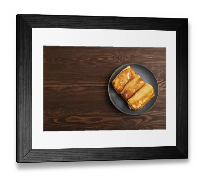 Framed Print : Fried crispy pancakes with meat and cheese on brown wooden background