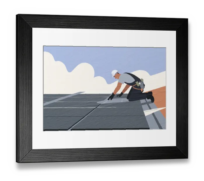 Framed Print : A technician is securely installing solar panels on a rooftop under a clear blue sky