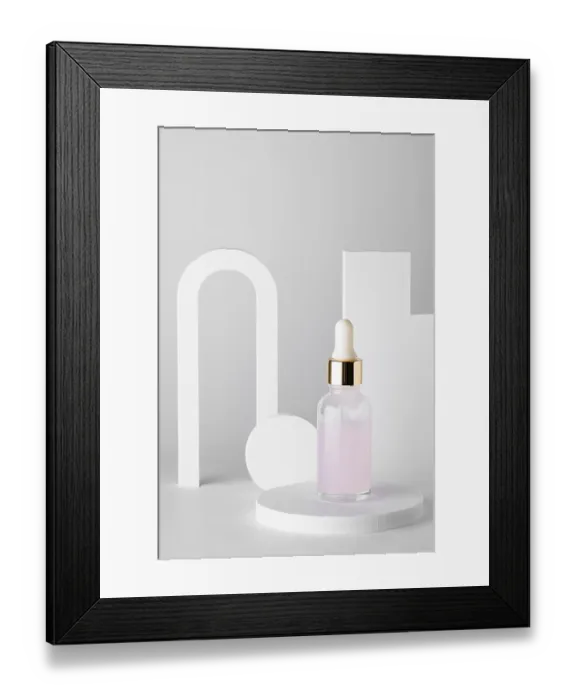 Framed Print : A delicate pink serum in a glass dropper bottle is elegantly displayed on white podiums against a minimalistic backdrop Framed Print : A delicate pink serum in a glass dropper bottle is elegantly displayed on white podiums against a minimalistic backdrop