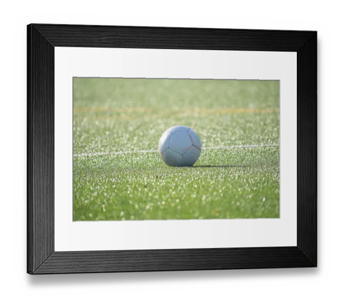 Framed Print : A soccer ball rests on a lush green soccer field Framed Print : A soccer ball rests on a lush green soccer field