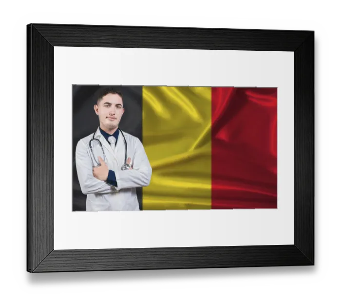 Framed Print : Portrait of medical professional on Belgium flag background
