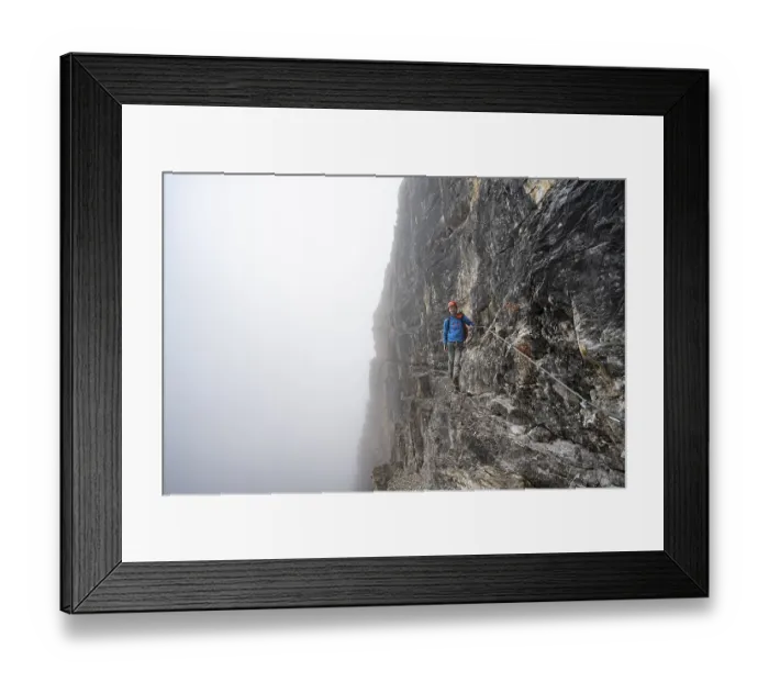 Framed Print : Mountaineers on a steep rock face on the Via Ferrata Oliva Detassis via ferrata in fog Framed Print : Mountaineers on a steep rock face on the Via Ferrata Oliva Detassis via ferrata in fog