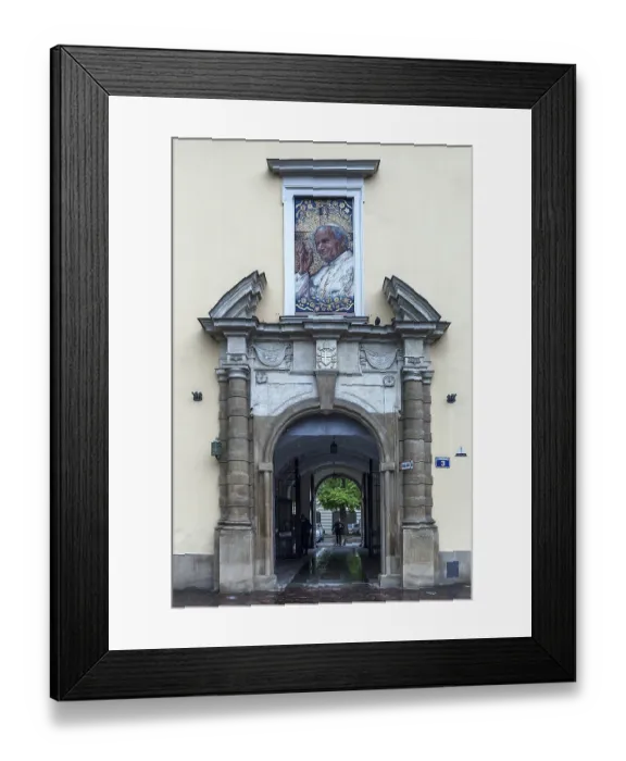 Framed Print : Mosaic portrait of Pope John Paul II above an entrance portal Framed Print : Mosaic portrait of Pope John Paul II above an entrance portal