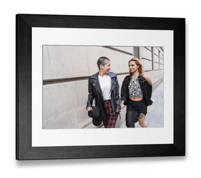 Framed Print : A joyful lesbian couple walks hand-in-hand down a city street Framed Print : A joyful lesbian couple walks hand-in-hand down a city street