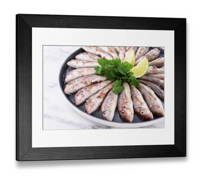 Framed Print : Fresh mullet fish, laid out on a large platter
