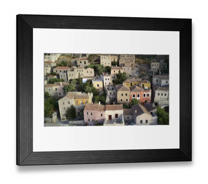 Framed Print : Drone shot, view of a colorful old town with densely packed houses and lush gardens