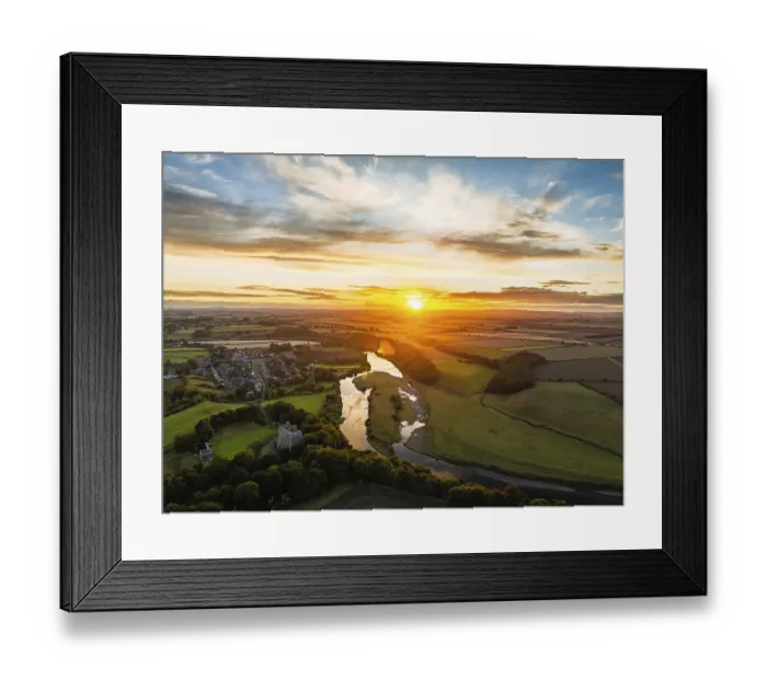 Framed Print : Sunset over Norham Castle and River Tweed from a drone Framed Print : Sunset over Norham Castle and River Tweed from a drone