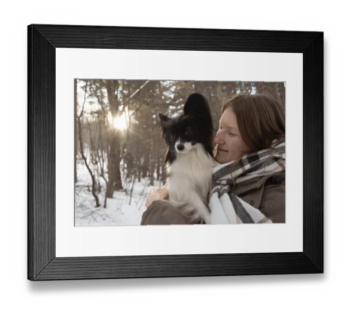 Framed Print : A purebred Papillon dog lovingly held by its owner during a serene winter day in a snowy forest