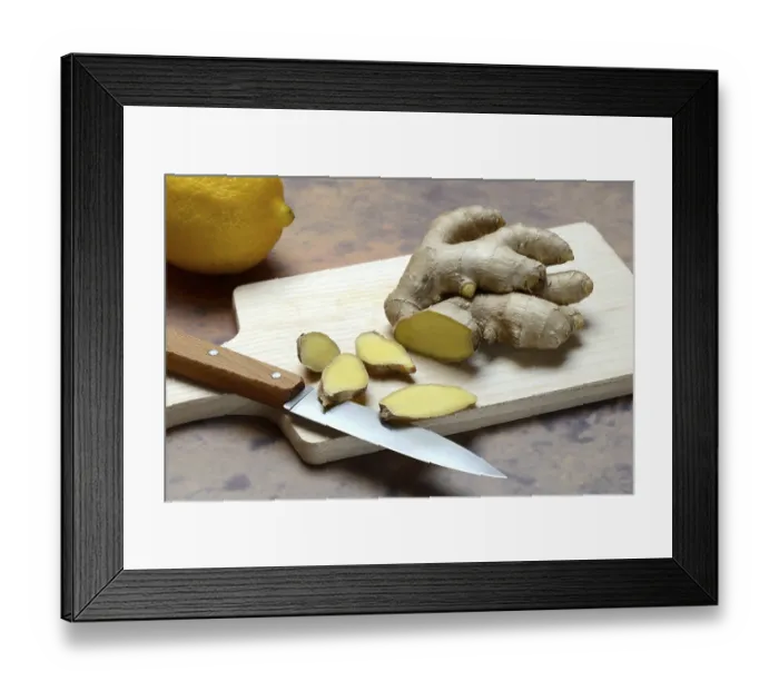 Framed Print : Ginger, ginger root cut with ginger slices on wooden boards Framed Print : Ginger, ginger root cut with ginger slices on wooden boards