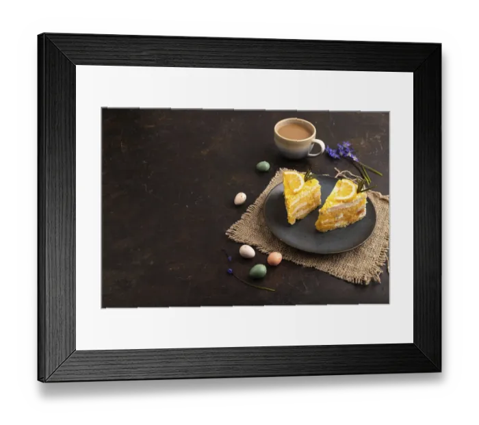 Framed Print : Lemon cake on black concrete background and linen textile Framed Print : Lemon cake on black concrete background and linen textile