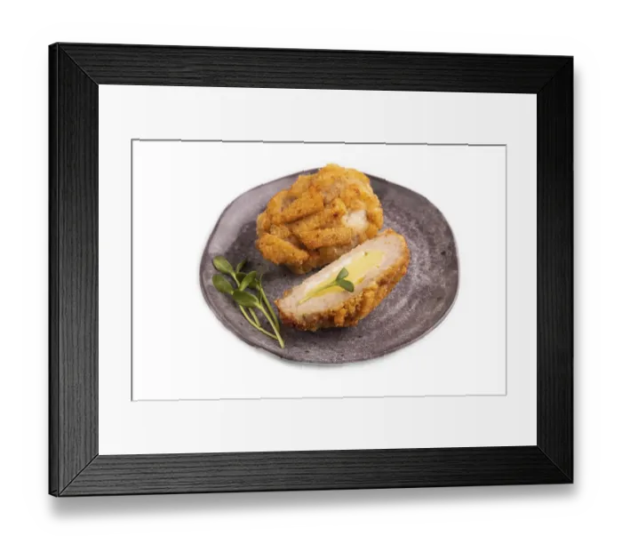 Framed Print : Chicken Schnitzel on gray plate with microgreen Isolated on white background Framed Print : Chicken Schnitzel on gray plate with microgreen Isolated on white background