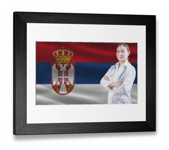 Framed Print : Female doctor on Serbia flag. Doctor with crossed arms on Serbia flag