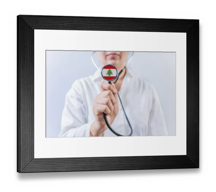Framed Print : Female doctor holding stethoscope with Lebanon flag Framed Print : Female doctor holding stethoscope with Lebanon flag