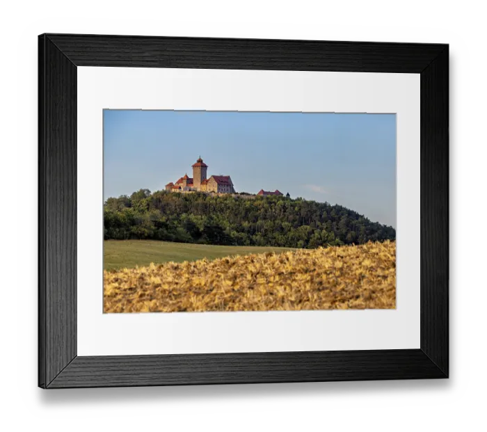 Framed Print : Castle on a wooded hill above a golden field under a clear sky Framed Print : Castle on a wooded hill above a golden field under a clear sky