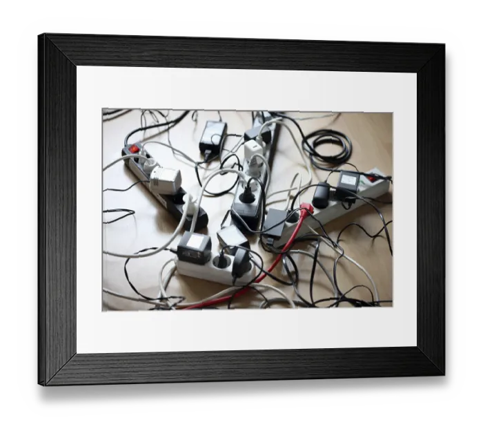 Framed Print : Multiple power strips for connection of multiple electrical devices