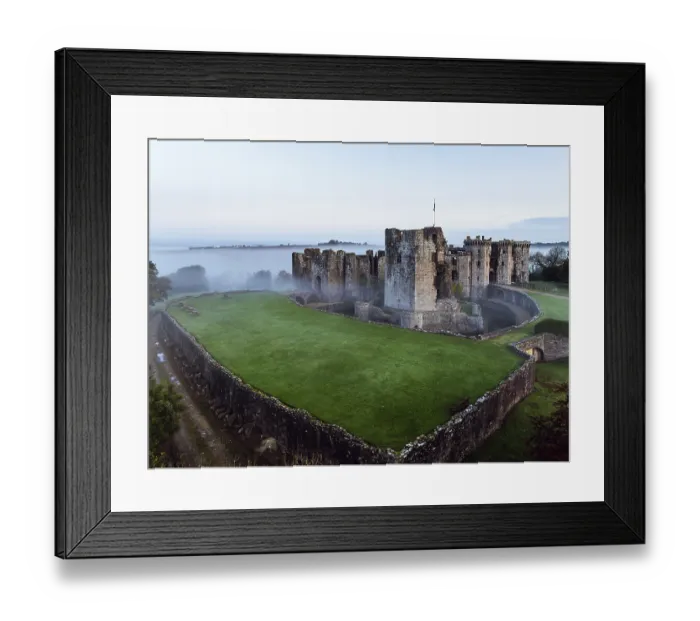 Framed Print : Raglan Castle in the fog at dawn from a drone