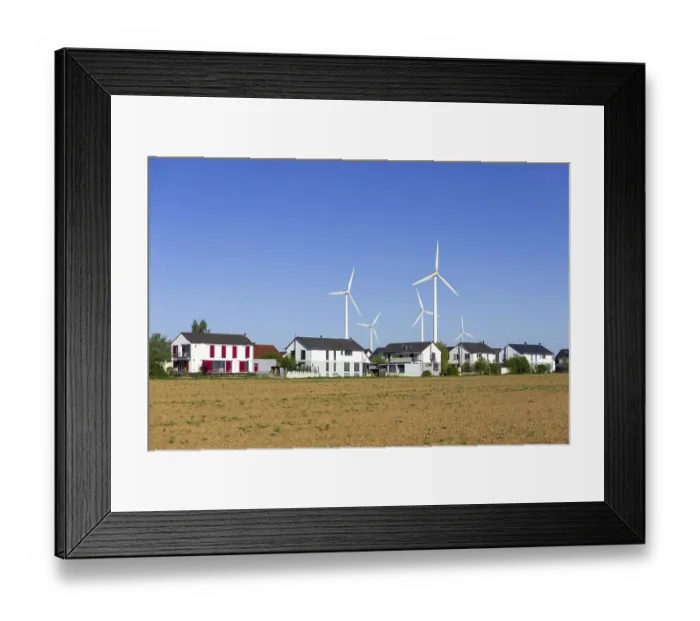 Framed Print : Digital Composing, new housing estate with wind turbines