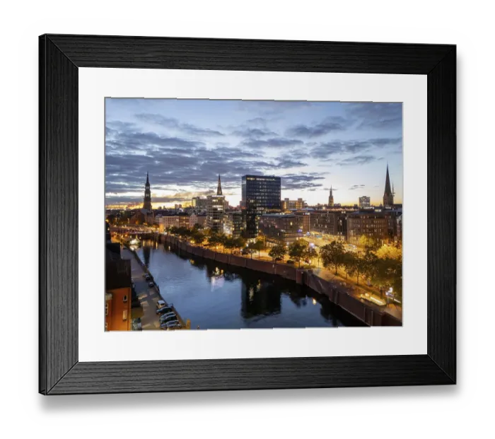 Framed Print : Aerial view of Hamburg's Speicherstadt warehouse district on the Zollkanal during the blue hour