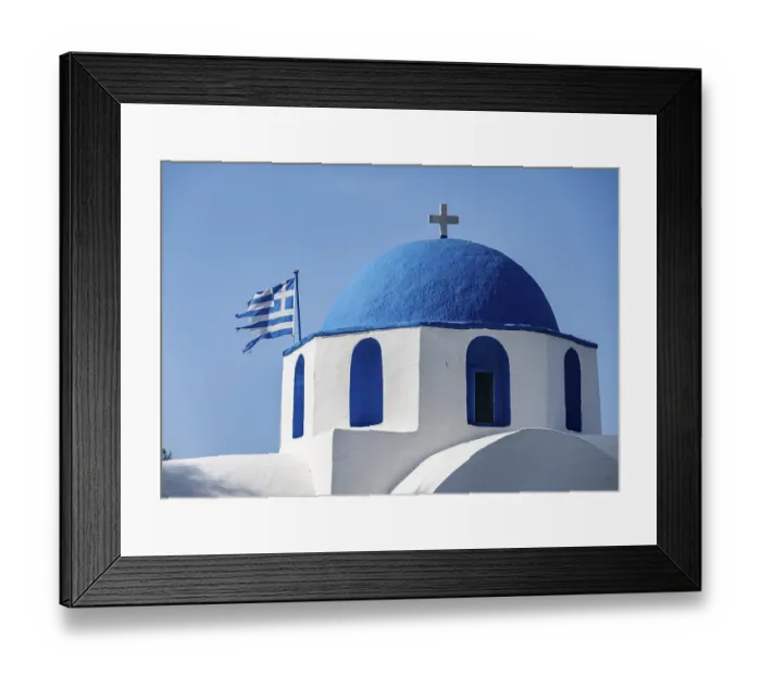 Framed Print : Dome of the white and blue Greek Orthodox Church of St