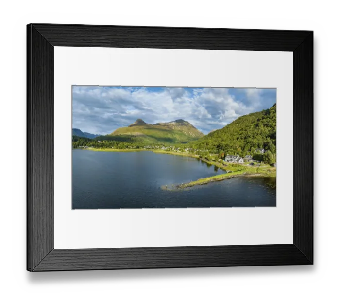 Framed Print : Aerial panorama of the freshwater loch Loch Leven with the former Pier House in the village of Glen Coe