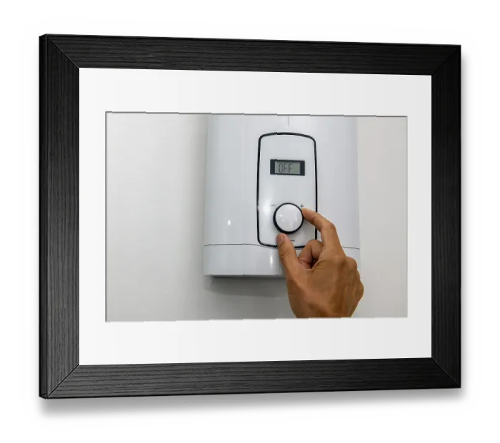 Framed Print : Instantaneous water heater for hot water Shower for showering Washbasin Bidet is switched off for Saving electricity