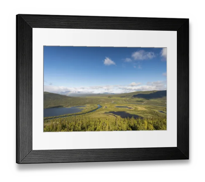 Framed Print : View of Kvikkjokk, river and mountains belonging to Tarraatno Sarek National Parks