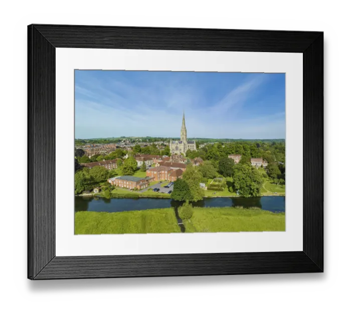 Framed Print : Aerial panorama of the city of Salisbury with Salisbury Cathedral and the River Avon
