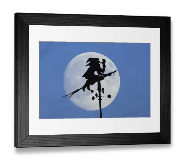 Framed Print : Witch as weather vane, silhouette in front of full mooen