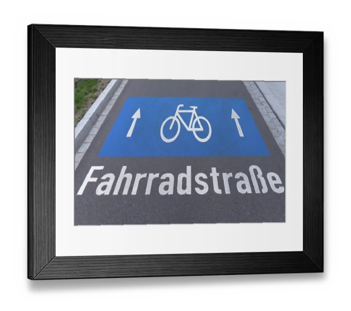 Framed Print : Sign bicycle path on the road, Freiburg