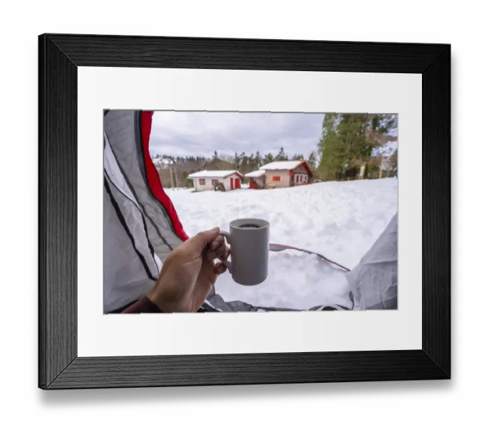 Framed Print : Having a coffee in a cup inside a tent on a winter morning