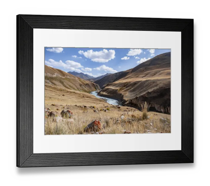 Framed Print : Mountain valley with river between golden meadows