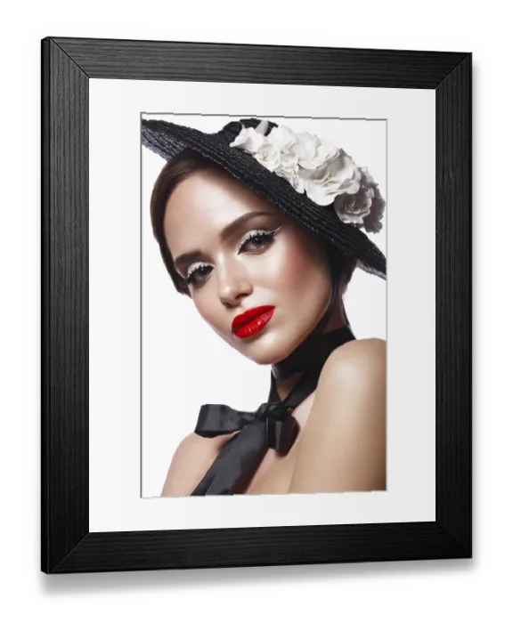 Framed Print : Beautiful girl in a black hat with flowers and retro makeup