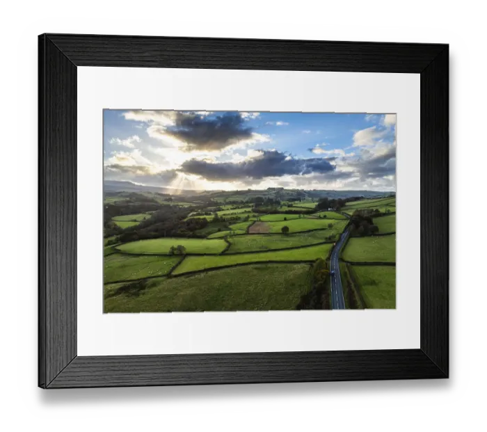 Framed Print : Farms over Trecastle from a drone at sunset Framed Print : Farms over Trecastle from a drone at sunset