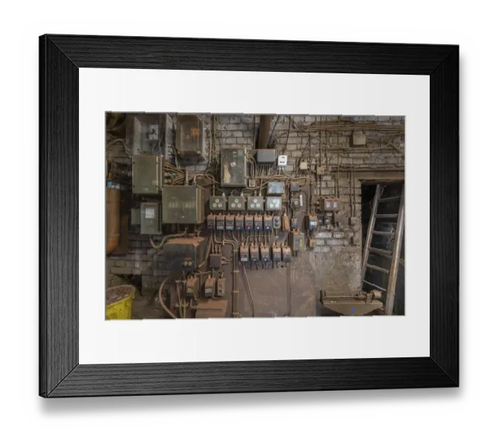 Framed Print : Wall with switches and fuses in the bronze powder production building Framed Print : Wall with switches and fuses in the bronze powder production building