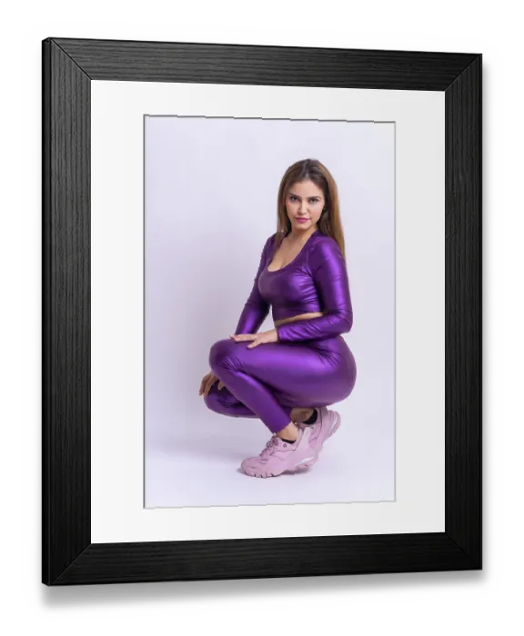 Framed Print : Full length portrait of Latina woman in a studio on a white background