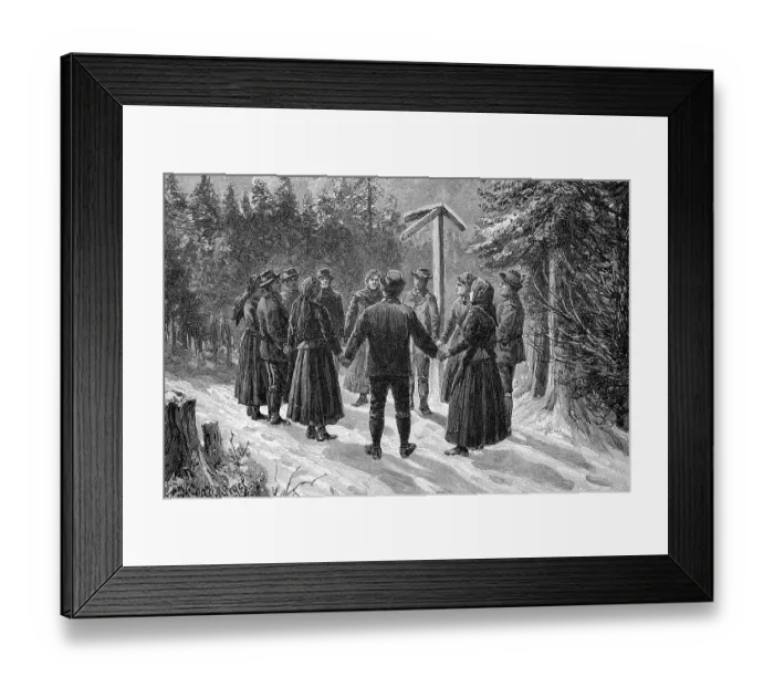 Framed Print : People standing in a circle around a station of the Stations of the Cross