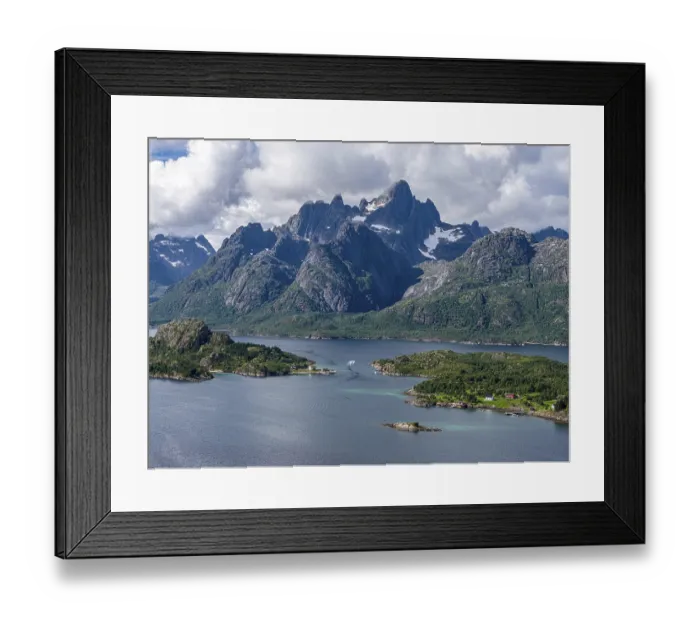 Framed Print : Aerial view over the Raftsund, the waterway between Lofoten and Vesteralen island Framed Print : Aerial view over the Raftsund, the waterway between Lofoten and Vesteralen island