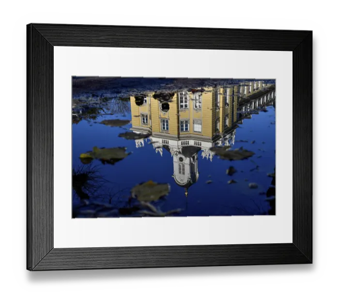 Framed Print : Karlsruhe Castle reflected in a puddle in autumn