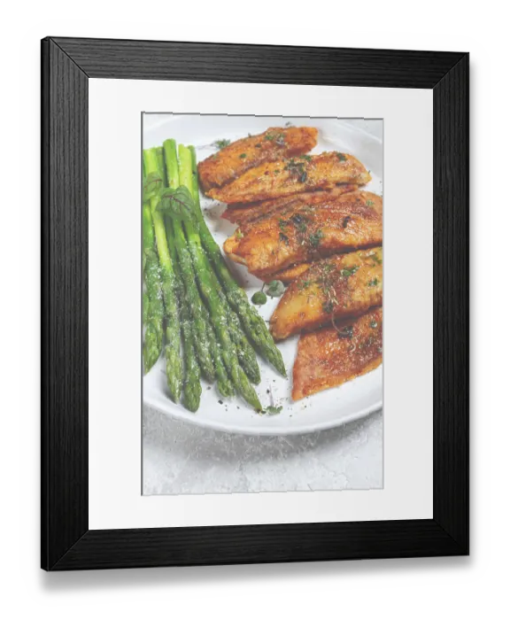 Framed Print : Fried fish fillet, tilapia with asparagus Framed Print : Fried fish fillet, tilapia with asparagus