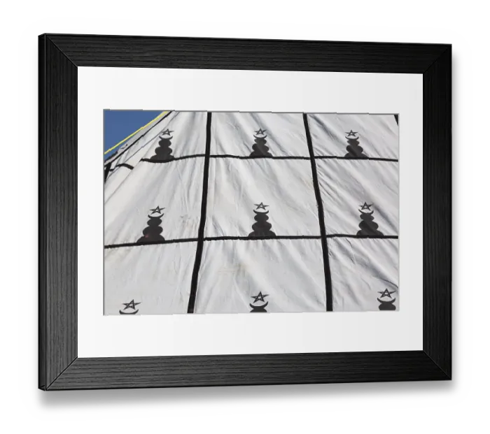 Framed Print : Iconic star and crescent moon sign printed on white canvas tent exhibited at Le Festival Orientalys in Old Port of