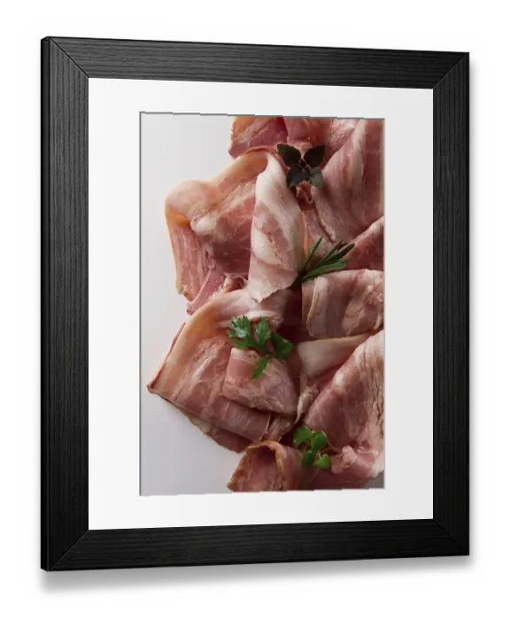 Framed Print : Raw bacon, sliced, with micro greenery and spices
