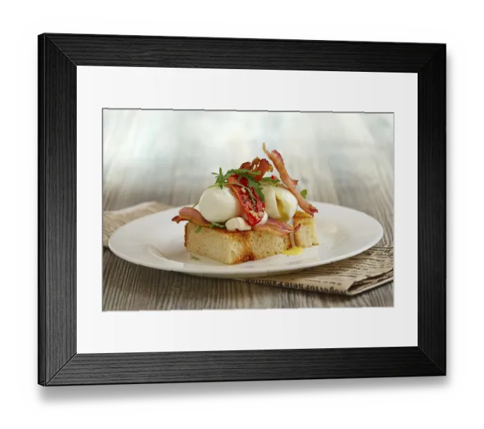 Framed Print : Breakfast of soft-boiled egg, bacon and tomato on wooden table