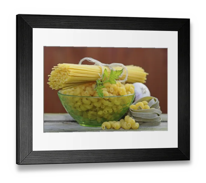 Framed Print : Various types of pasta with a glass bowl