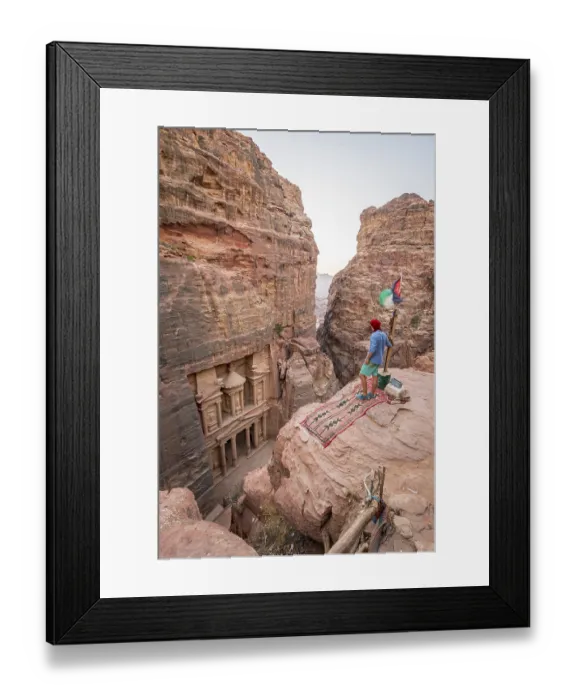 Framed Print : Man, tourist looks from above into the gorge Siq