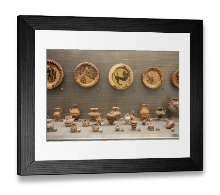 Framed Print : Greek antique pottery, plates and vases
