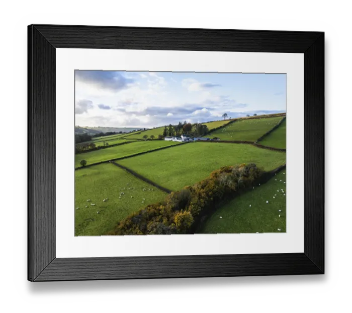 Framed Print : Farms over Trecastle from a drone at sunset Framed Print : Farms over Trecastle from a drone at sunset