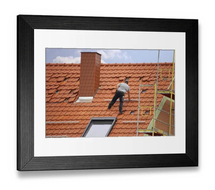 Framed Print : Roofing work, re-roofing of a tiled roof